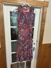 Calvin Klein Dress Size 16 Pink Red Blue Paisley Sleeveless Faux Wrap Midi Clean