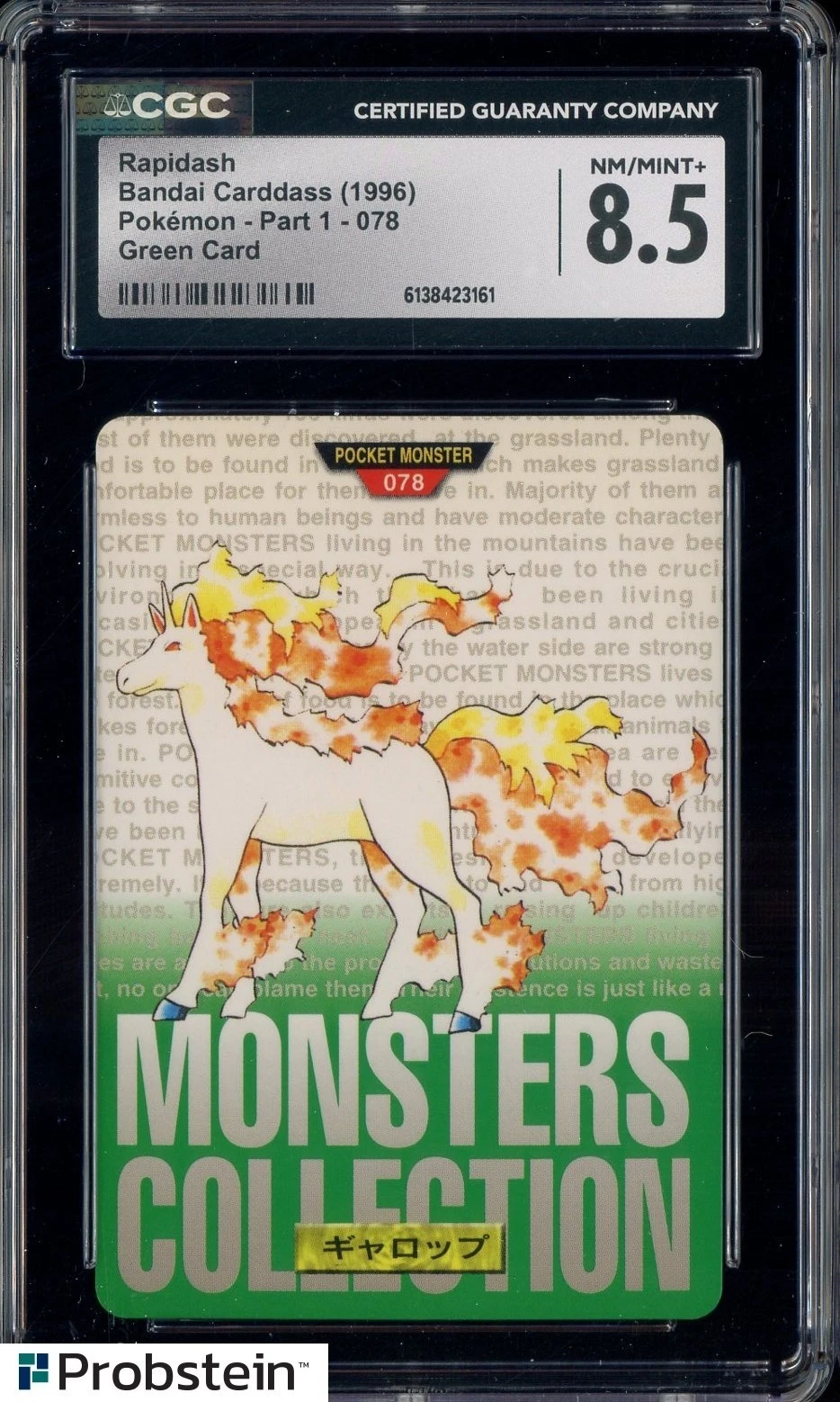 1996 VINTAGE Pokemon Bandai Carddass Green Card Rapidash CGC 8.5 NM-MT+
