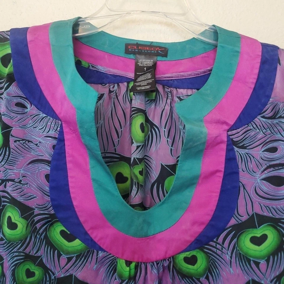 Vestido túnica Custo Barcelona diseño pavo real para mujer talla 1 púrpura verde seda Foto 4 de 4