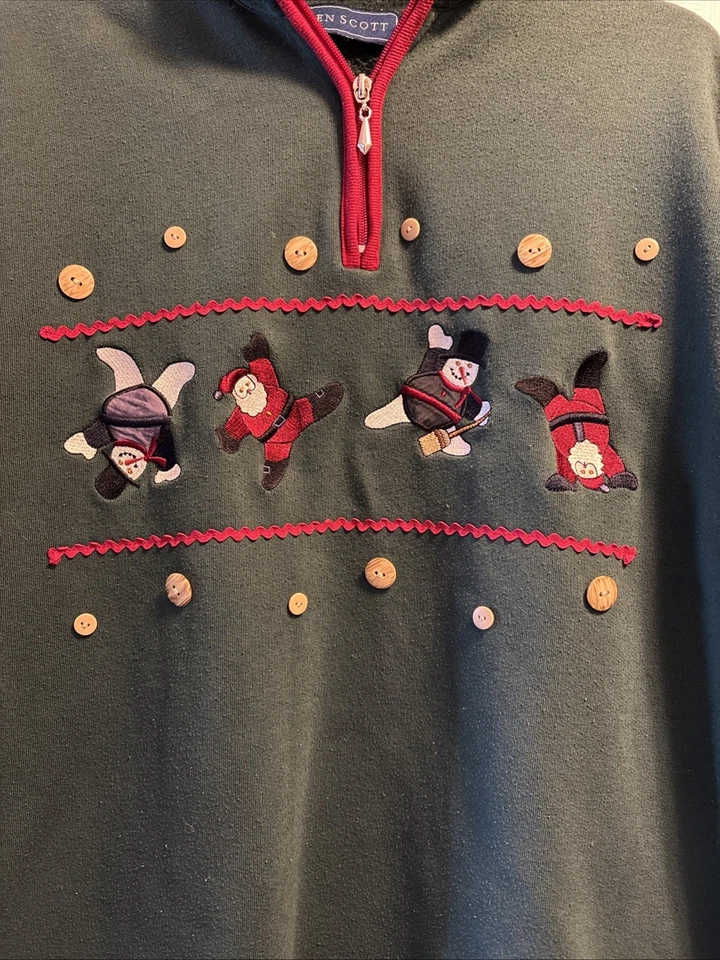 Vtg Karen Scott Ugly Christmas Holiday Festive Sweatshirt Santa Snowmen Buttons - Image 2 of 4
