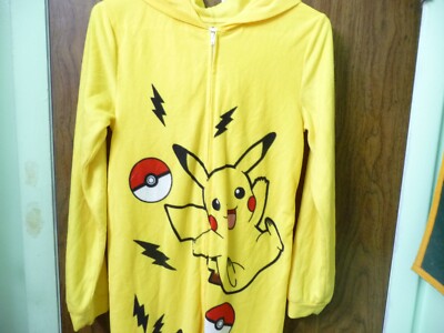 POKE MON YELLOW PIKACHU SIZE 14-16 ONE PIECE PAJAMAS  WITH HOOD AND FACE AND EAR