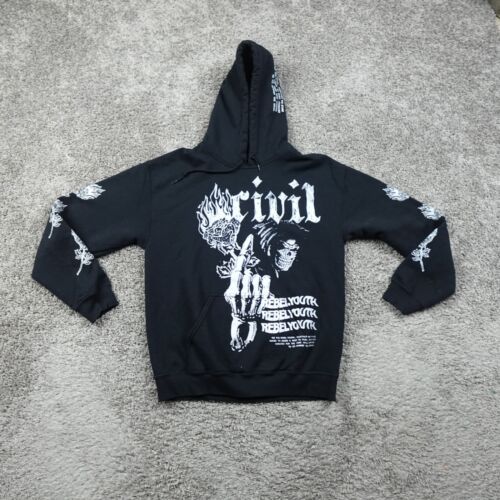 Civil Regime Hoodie Mens Medium Black Floral Embroidered Rose Fleece