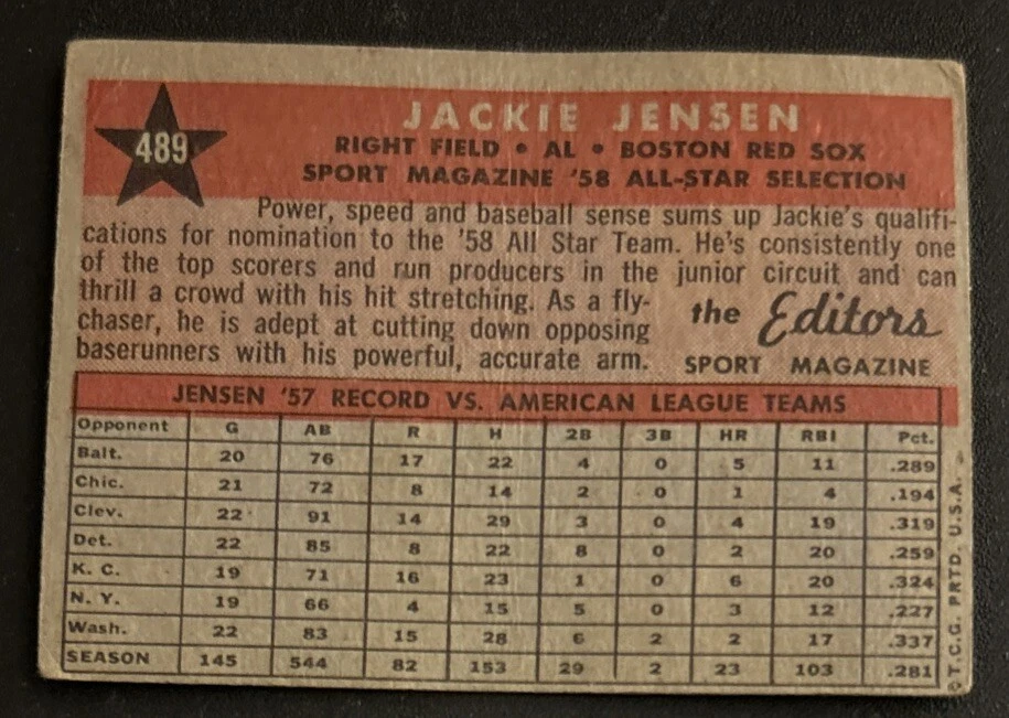 1958 Topps Jackie Jensen All-Star Selection Baseball Card #489 Red Sox OF PR O/ - Image 2 of 2