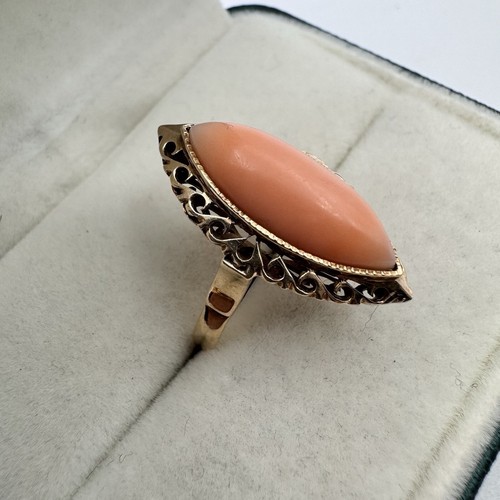 Vintage viktorianischer 14k massiver Gelbgold Engelshautkoralle Marquise Ring - Bild 3 von 11