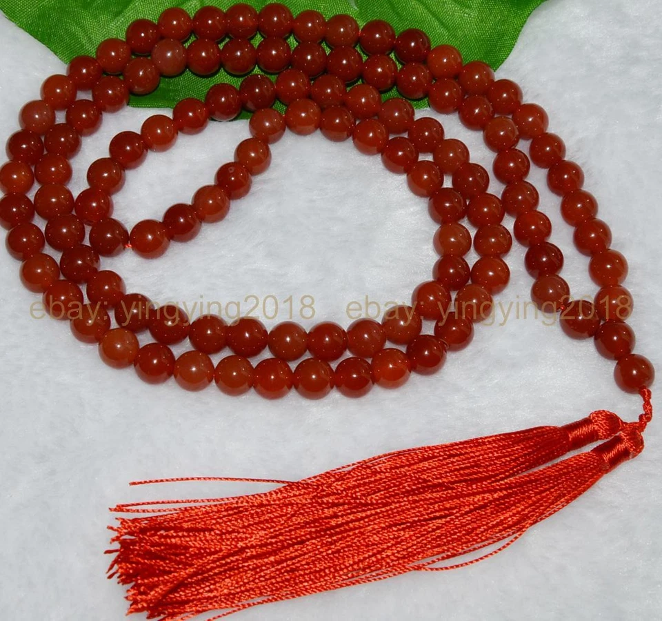 8 毫米天然红色玛瑙玉髓西藏佛教 108 祈祷珠玛拉项链 — 第 3/3 张图片