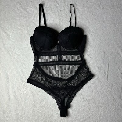 Black Fuchsia Thong Bodysuit Teddy Womens Size XL Black Lace Mesh Fish Net