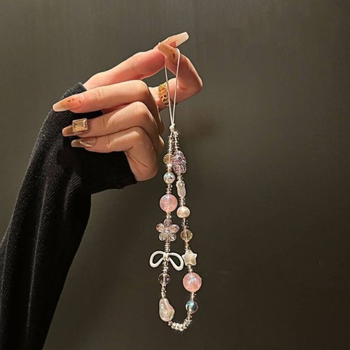 Y2K Clear Bead Phone Strap Bowknot Wrist Short Rope Phone Bag Accessories - Photo 8 sur 9