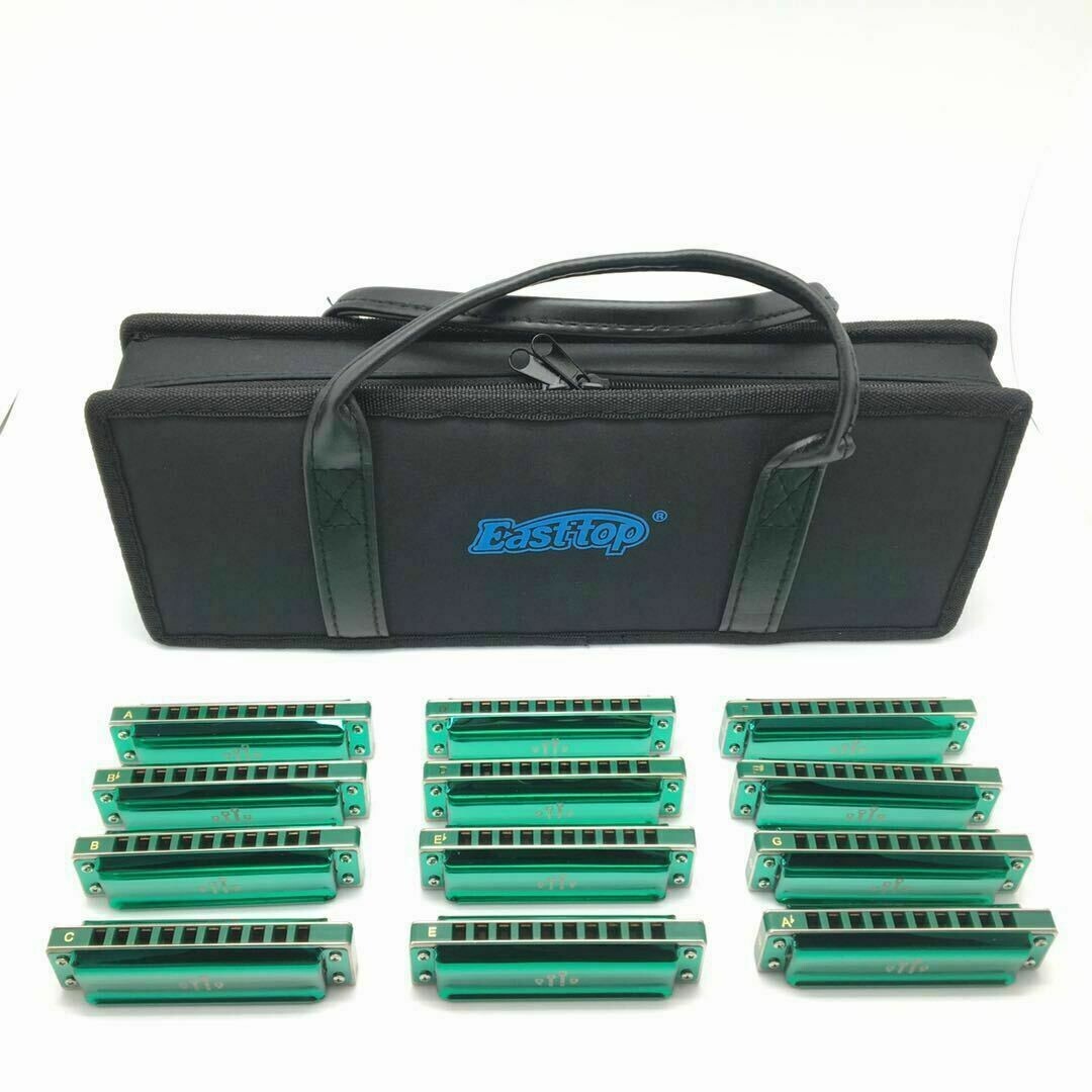 EASTTOP Juego de Armónica Profesional Azul Armónica Paquete de 12 10 Agujeros Regalo de Cumpleaños