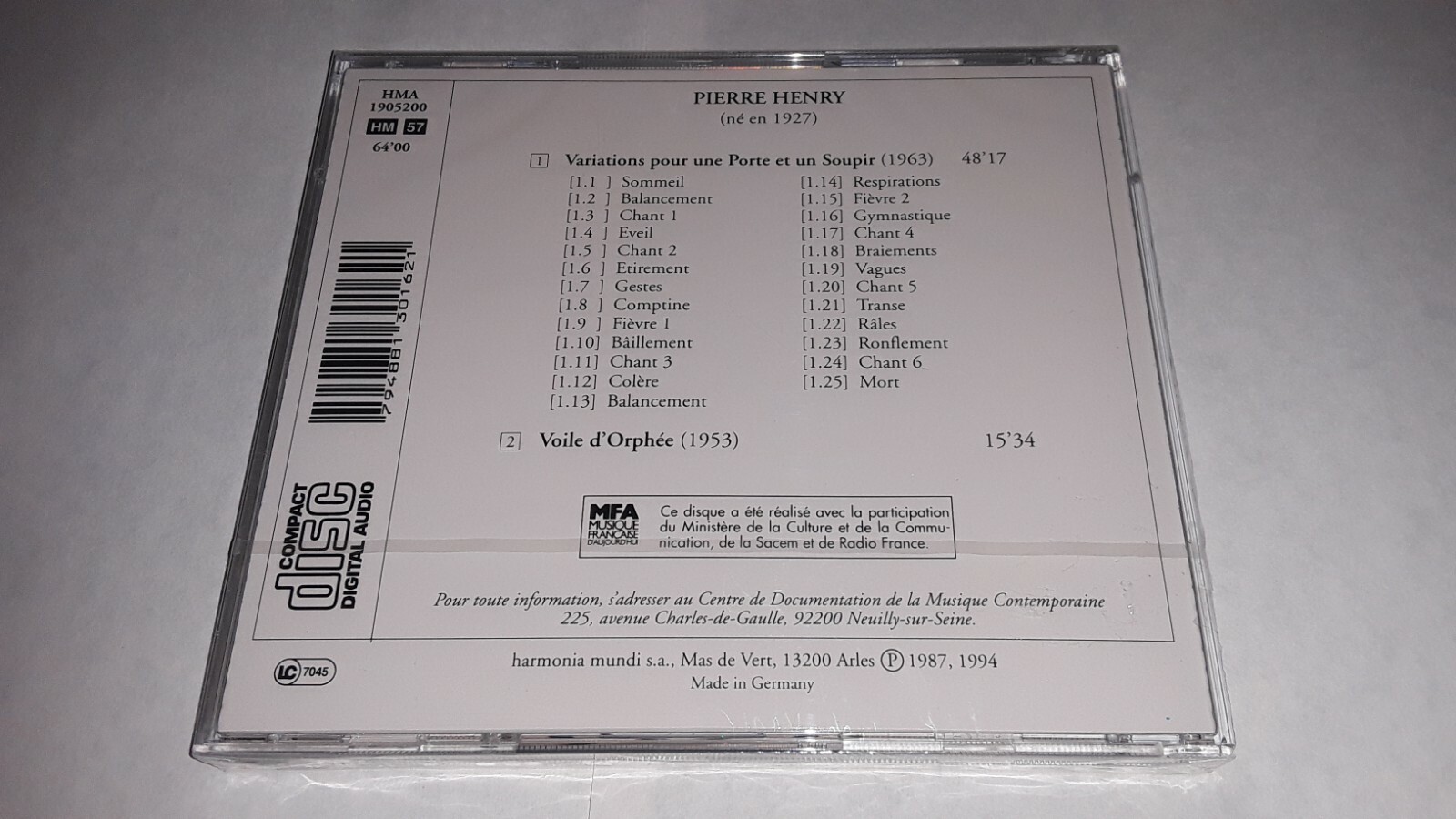 Pierre Henry Variations pour une porte et un soupir; Voile d'Orph e (CD, Feb1988, Harmonia