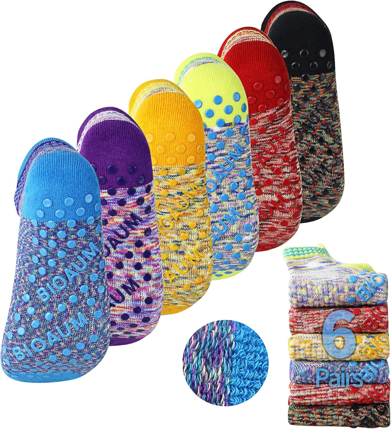 Yoga Socks for Women - 6 Pairs Cotton Cushion Non Slip Grip Slipper Pilates Hosp