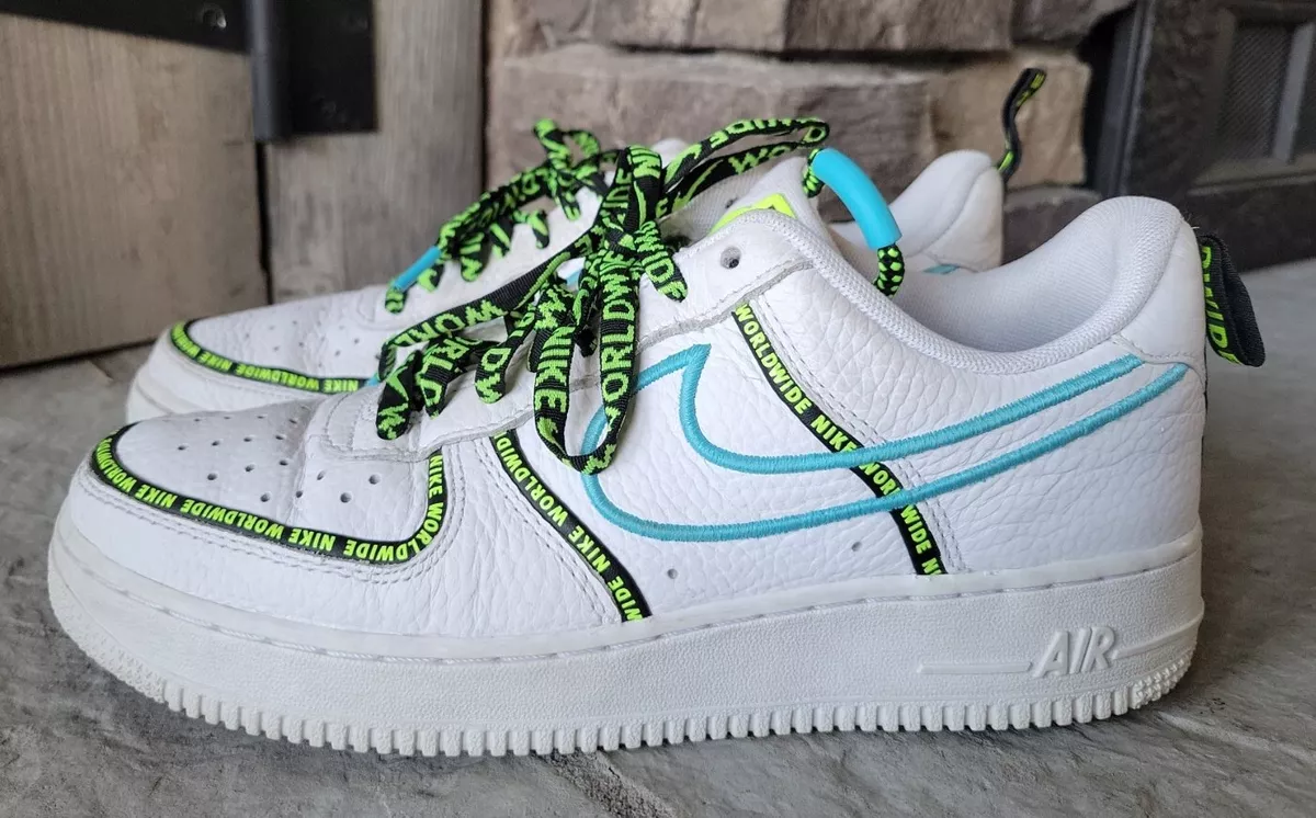 Nike Air Force 1 World Wide Pack White/Blue Lime Green Sz 8 ck7213 100