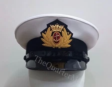 Merchant Navy officer peak cap / Hat white cotton twill top fabric