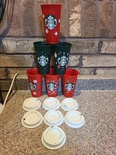 6 STARBUCKS Reusable 16 oz. plastic coffee/tea Hot cups And 7 lids Y9