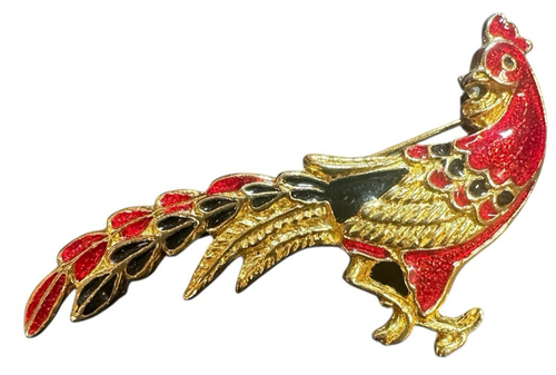 VTG Gold-Tone Brooch/Pin Pheasant Red Black Enamel on Body & Tail Feathers READ - 第 1/10 張圖片