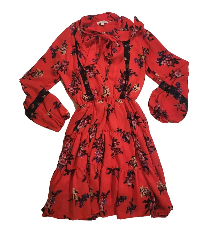 Gianni Bini Tiered Mini Dress Red Size XS Floral Ruffle Button Tie Feminine  - Image 2 of 4