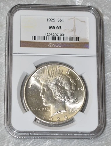 1925 P PEACE 90% SILVER $1 DOLLAR NGC CERTIFIED MS 63 MS63 PHILADELPHIA US MINT