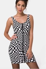 NWT Motel Rocks Black & White Optical Checkered Zip Front Mini Dress