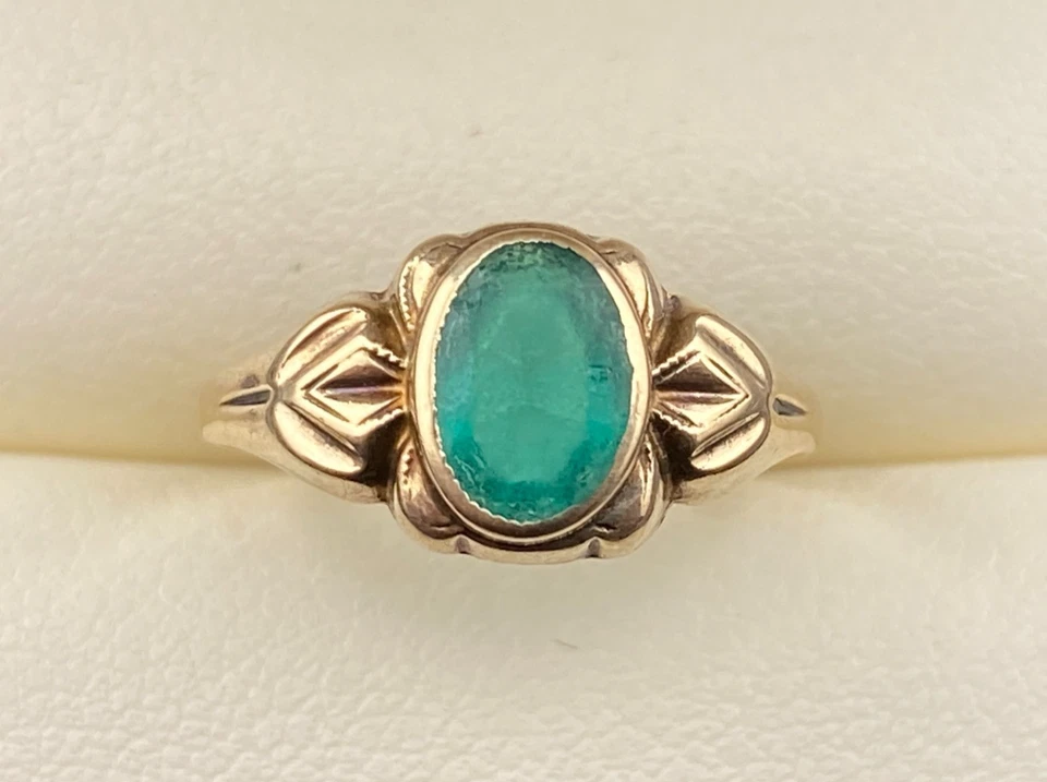 BDA 10k Yellow Gold Budlong Docherty & Armstrong Green Glass Signet Ring Sz 4.25 - Image 3 of 4