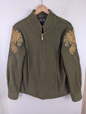 Bob Mackie Size Small Green Fleece Zip Up Jacket Wearable Art Embroidered
