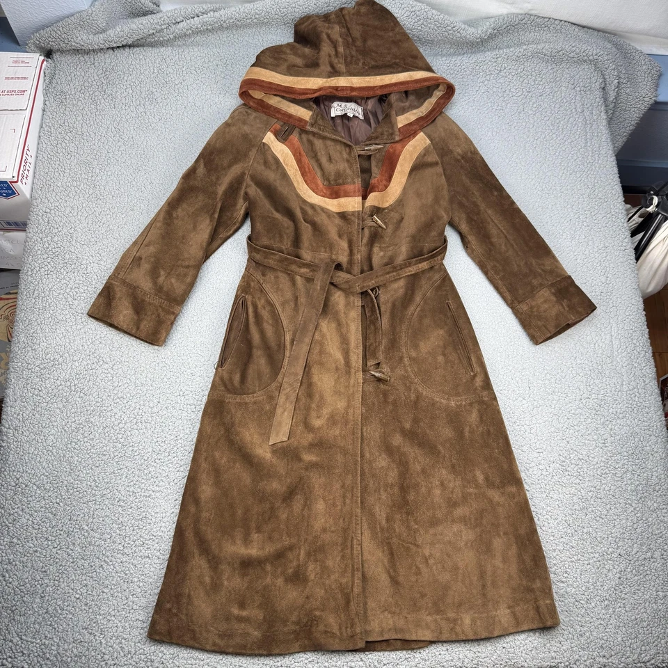 Abrigo con capucha de gamuza vintage M S coleccionables para mujer 14 cinturones longitud completa años 70 80 Foto 2 de 4