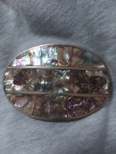 Abalone Oval Belt Buckle Mexico Silver Marked Hecho En Mexico