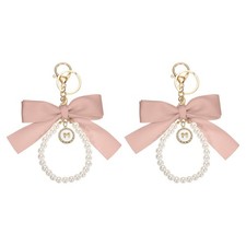 2 Pcs Ribbon Bow Keychain, Cute Pearl Wristlet Keychain Bow Charm, Pink