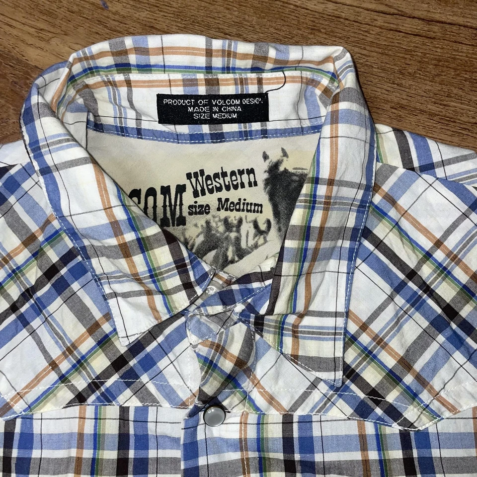 Vtg Volcom Shirt Mens M Blue Plaid Western Pearl Snap Button Short Sleeve - Image 4 of 4