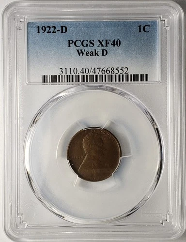 1922-D Weak D Lincoln Cent Wheat Penny PCGS XF40 Tough Wheat Date #47668552