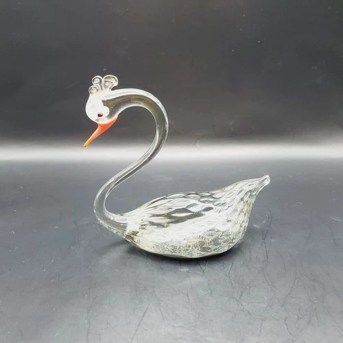 Vintage Venetian Murano Italy Style Art Glass Swan Figurine Clear Textured Body