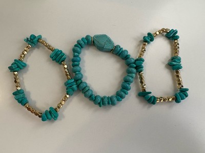 Barse Stretch Bracelets Turquoise & Gold Tone Beads Set Of 3 Chunky Boho