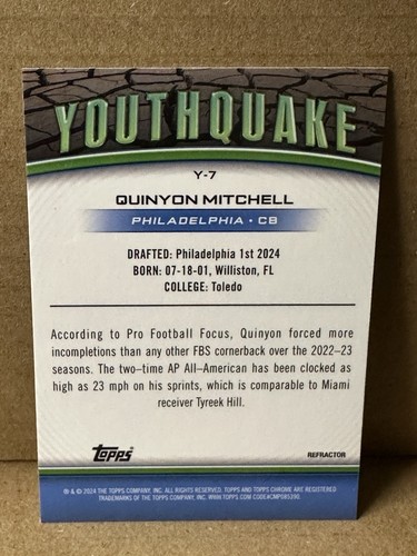 2024 Topps Chrome - Youthquake Quinyon Mitchell #Y-7 Refractor (RC) - Foto 2 di 2