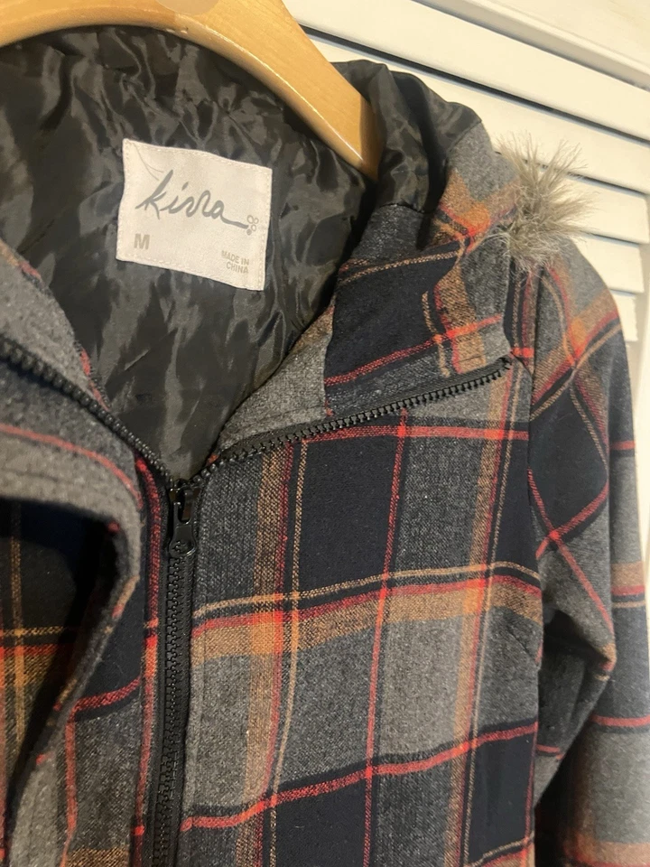 Abrigo Chaqueta KIRRA Mujer Talla Mediana M Cremallera Completa Capucha Mezcla de Lana a Cuadros Foto 4 de 4