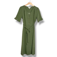 Monteau Midi Dress Medium Olive Green Button Front Tie Waist Ruffle Sleeve