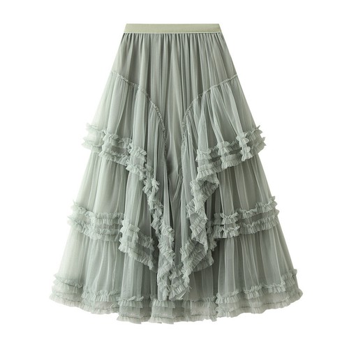Lady Mesh Skirt Maxi Tiered Layered Ruffle Tulle Pleated High Elastic Waist Chic - Picture 2 of 17