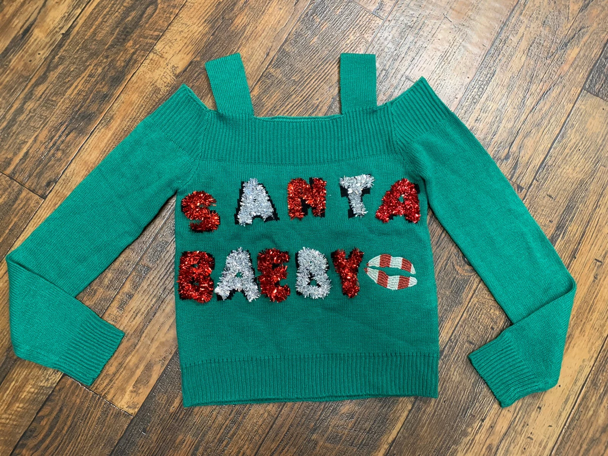 Juniors Cold Shoulder Holiday Sweater Small u0026#034;Santa Babyu0026#034; Tinsel Ugly  Christmas | eBay