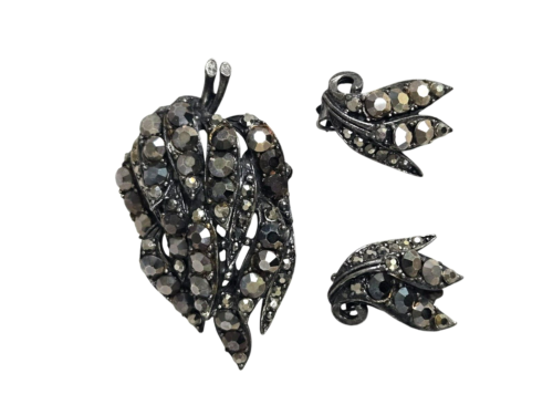 Hollycraft Black Metallic Rhinestone Brooch and Clip Earrings Set