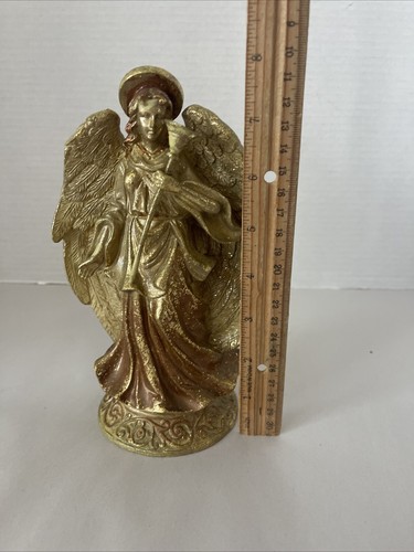 Angel Figurine Sculpture Holding Trumpet Resin Gold Leaf Finish 8” Tall - Picture 10 of 10