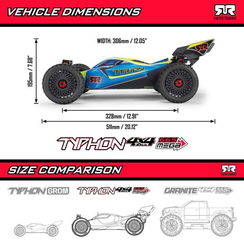 Arrma Typhon Mega 665 1/8 4WD Electric Buggy (Blue) ARA4206V4T1 - Picture 24 of 24