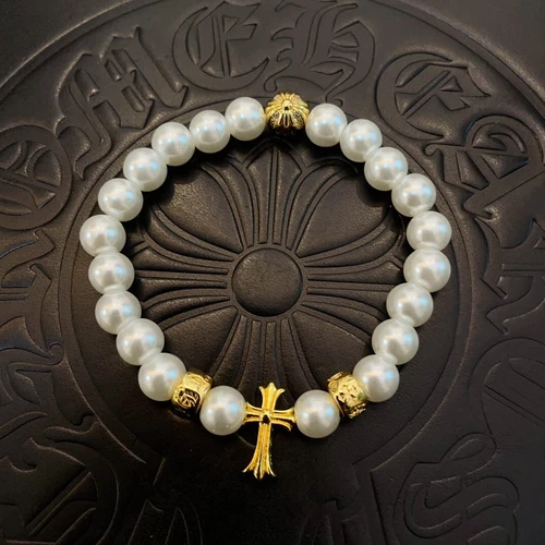 CHROME HEARTS Bracciale Cromato Cuori Classico Retrò Croce Braccialetto Perle