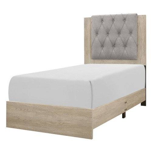 GREY LINEN TUFTED LOW PROFILE FOOTBOARD BEIGE TWIN BED BEDROOM