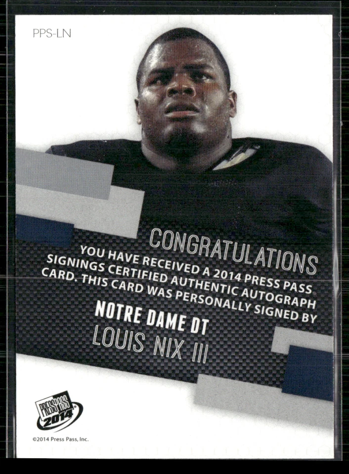 Louis Nix III 2014 Press Pass Red Auto 7/10 - Image 2 of 2