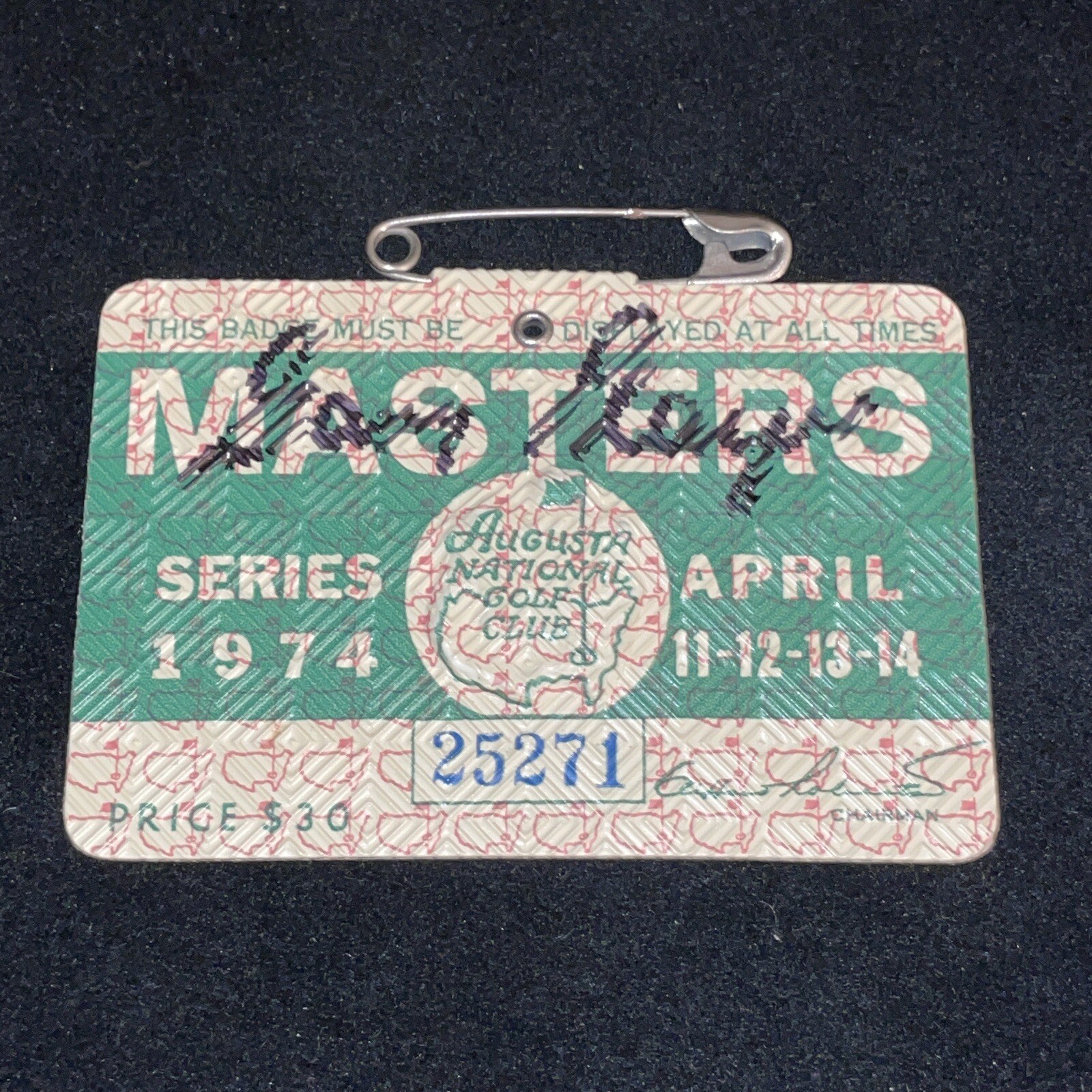 Gary Player Autographed Signed 1974 Masters Badge JSA COA Golf Champion Ticket South Africa 