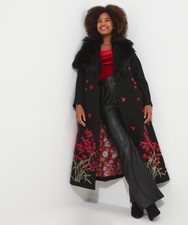 Joe Browns Women's Rose Floral Embroidered Faux Fur Trim Maxi Coat, Black, 6