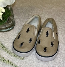 Boys Polo Ralph Lauren Horse Logo Slip on boat shoes sneakers Tan Navy Size 6