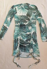 Pretty Little Thing Green Tropical Leaf Print Tie Detail Bodycon Midi Dress 14