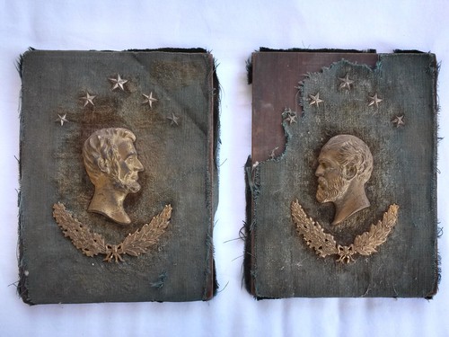 19th c. Lincoln & Garfield Bronze Gilt Metal Bas Relief Wall Plaque, Wood/Cloth