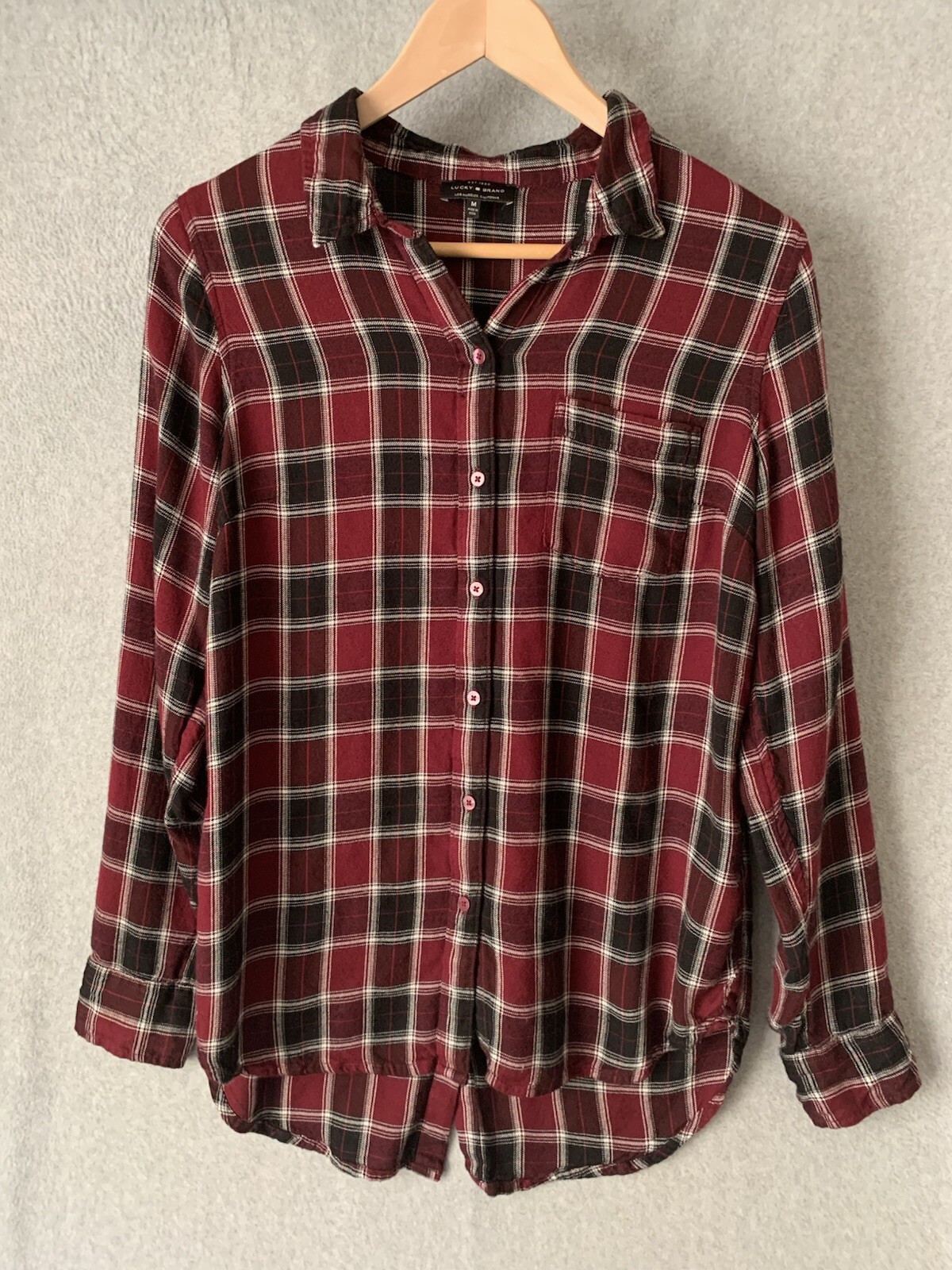 Lucky Brand Womens Plaid Button Tunic Shirt Sz M Maroon Grunge High Low Hem