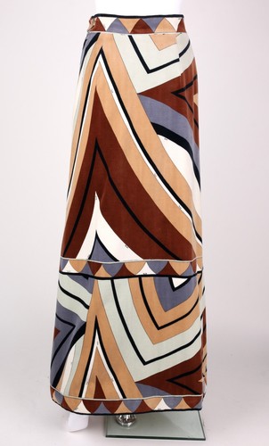 EMILIO PUCCI c.1970's Multicolor Window Pane Signature Print Velvet Maxi Skirt - Picture 4 of 10