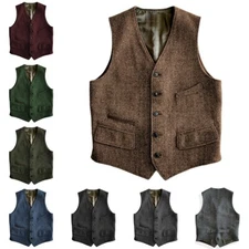 Mens Tweed Vest Vintage Western Cowboy Wool Herringbone Vests M Large XL XXL 3XL