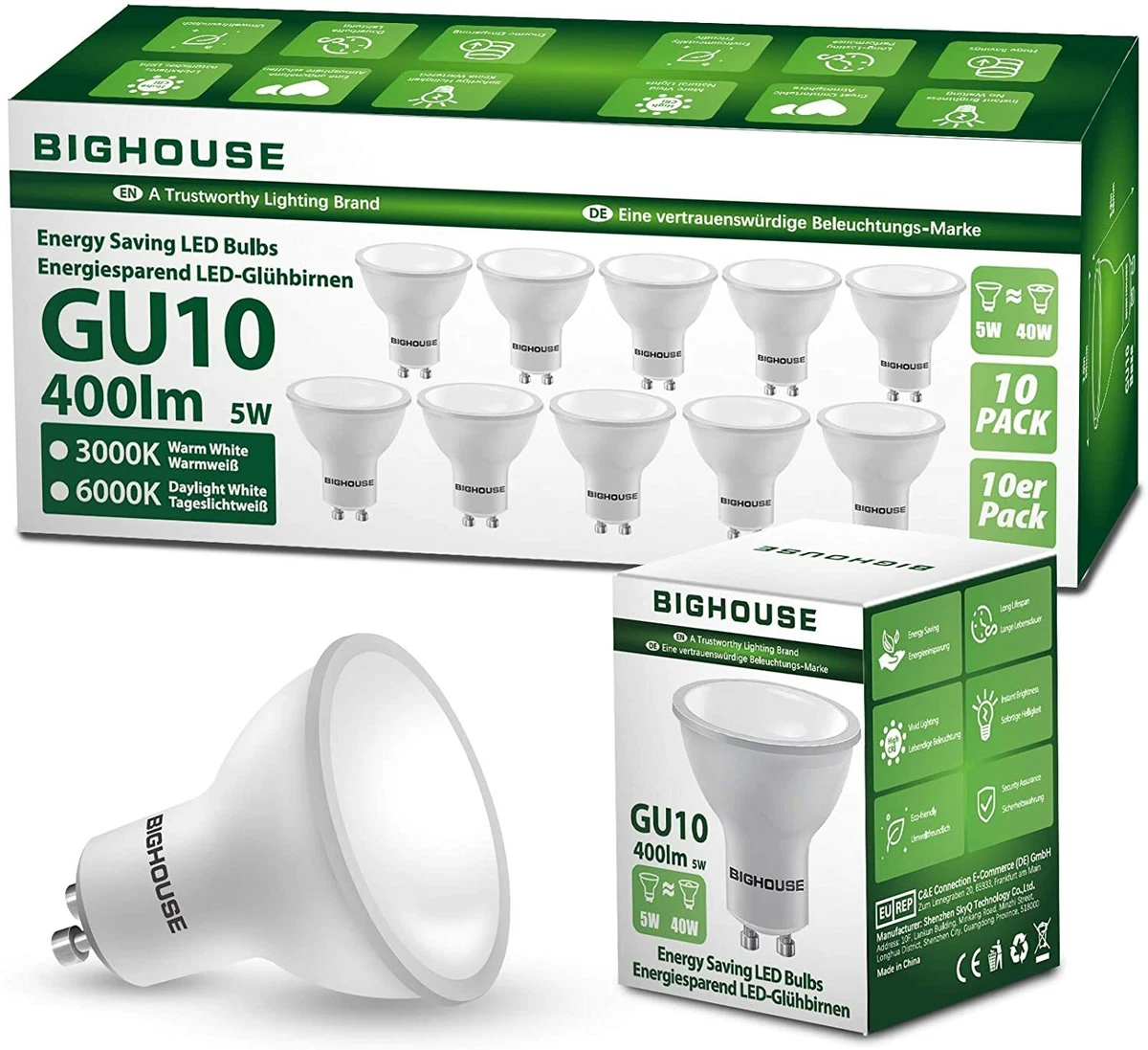 BIGHOUSE GU10 Energy Saving LED Bulbs Equivalent 40W Halogen 5W